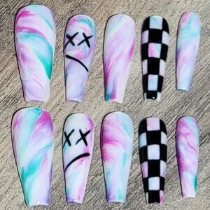 Hand painted 90s y2k checkered smiley face Press on nails long coffin